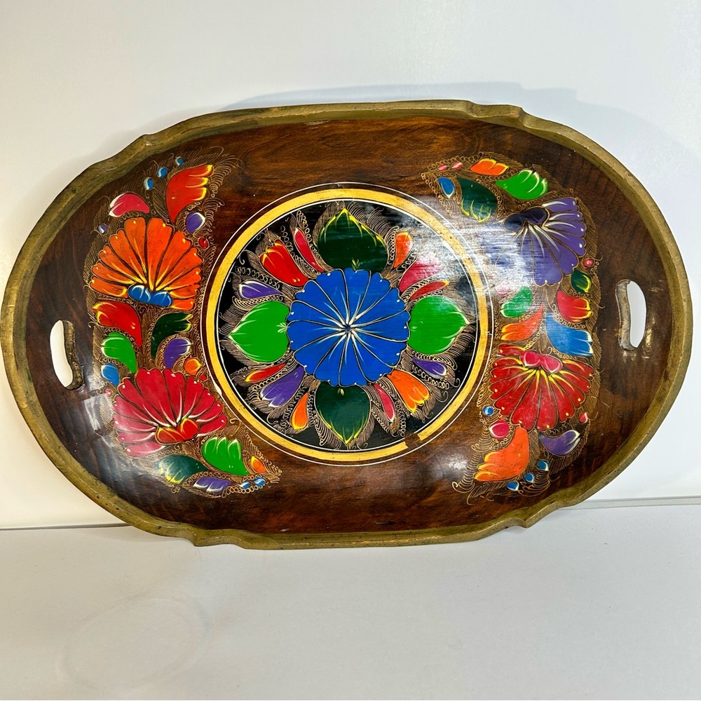 Vintage Mid Century Mexican Batea Folk Art Hand Painted/Carved Wooden Tray